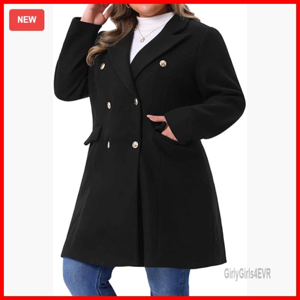Plus Size Winter Pea Coat Double Breasted Notch Lapel Long Trench Jacket